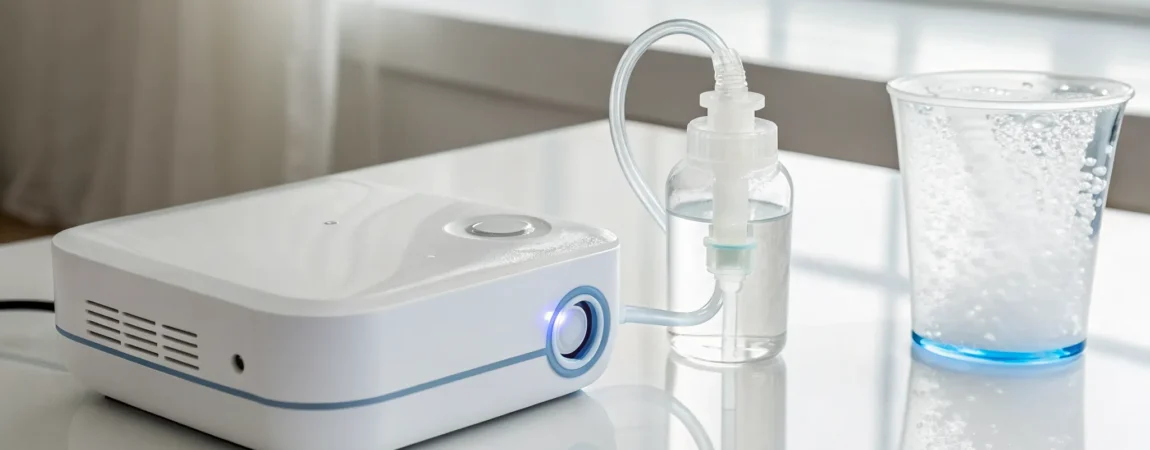 Breathing treatment machine with a nebulizer compressor, mask, and tubing.