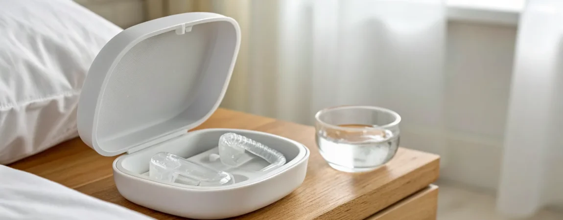 Oral appliance for sleep apnea in a case on a bedside table, an effective treatment.