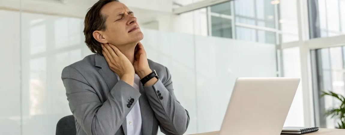 Man massaging his jaw and neck to relieve jaw tension.