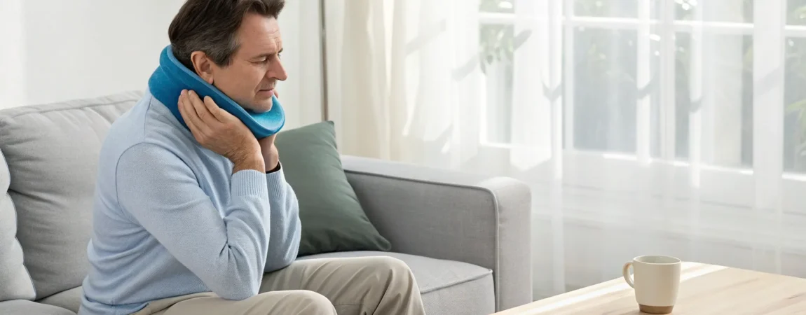 Man using a heat wrap on his jaw for TMJ disorder home treatment.