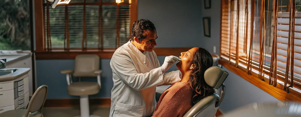 A dentist examining a patient's jaw with gentle hands in a professional medical clinic