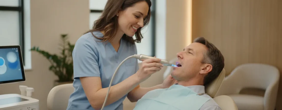 Dental sleep medicine clinician performing a 3D intraoral scan on a comfortable patient