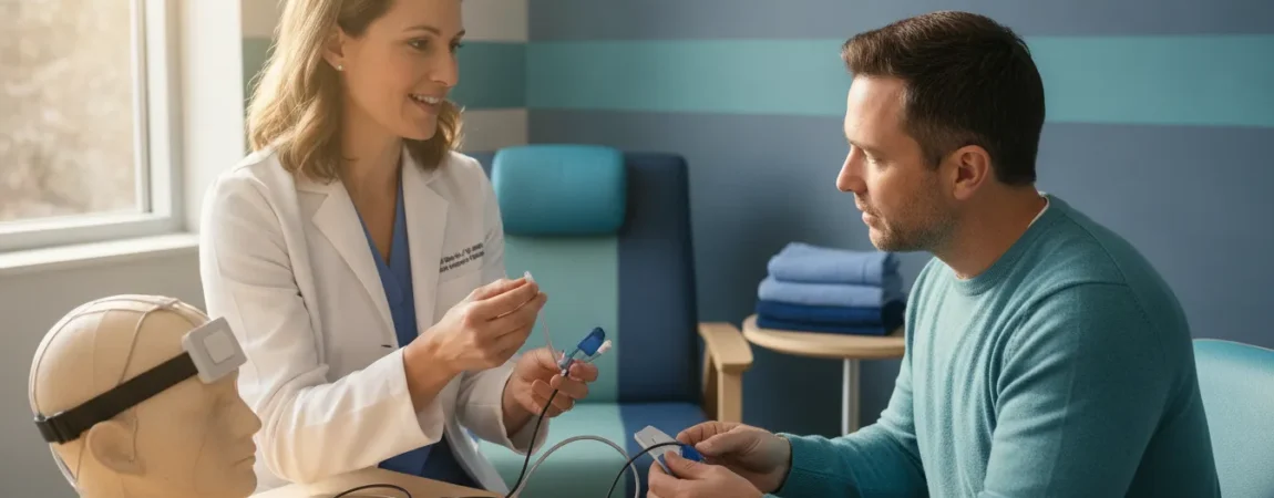 Sleep physician explaining sleep study equipment to an adult patient in a calm clinic