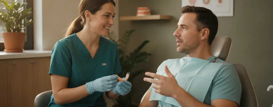 Dentist speaking with a patient in a bright dental office about sleep health