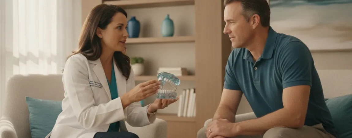 Dental sleep specialist discussing sleep health with an adult patient