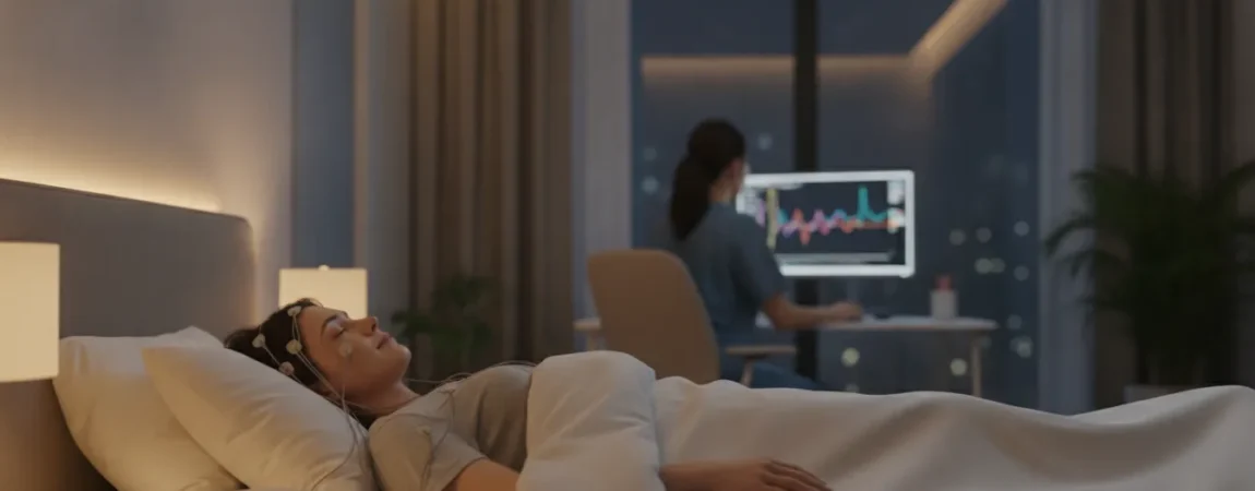 Patient resting in a sleep study room at night with a technician nearby