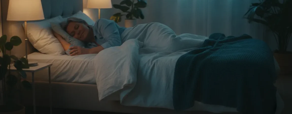 Peaceful adult sleeping in a dim cozy bedroom during sleep health education