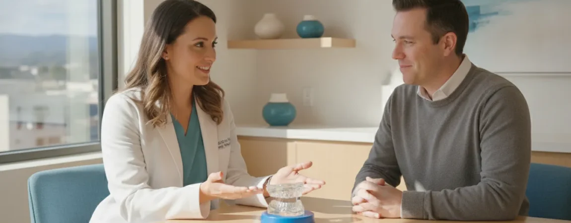 Dental sleep specialist discussing mild sleep apnea treatment with an adult patient