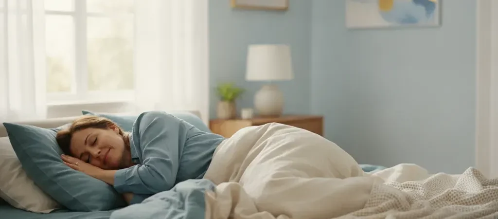 Adult sleeping comfortably on their side in a calm blue bedroom, illustrating positional therapy for sleep apnea