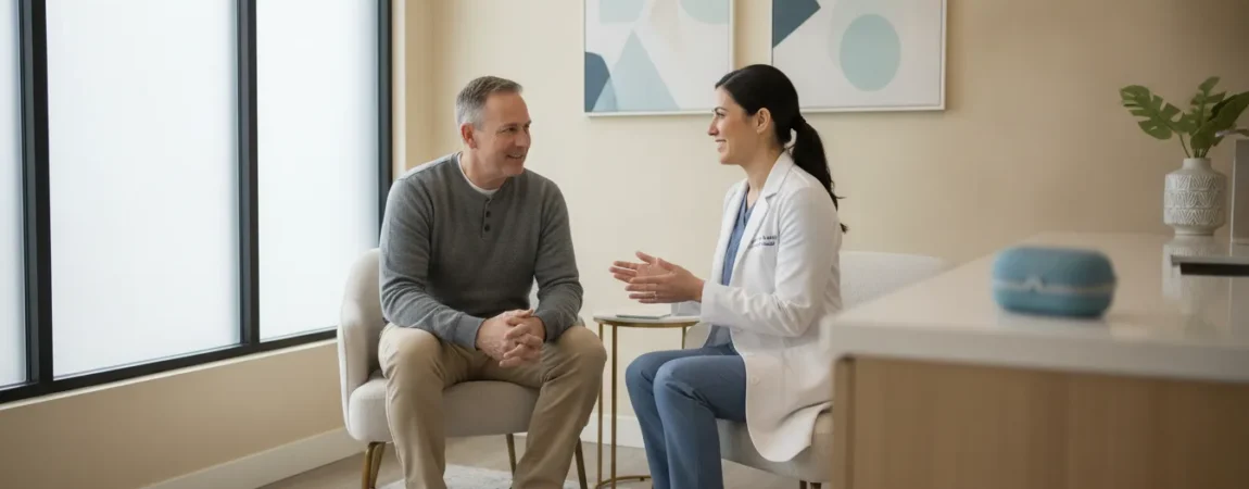 Dental sleep specialist discussing snoring treatment options with an adult patient