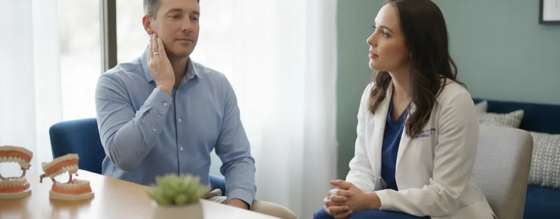Patient discussing jaw and ear symptoms with a clinician in a bright clinic