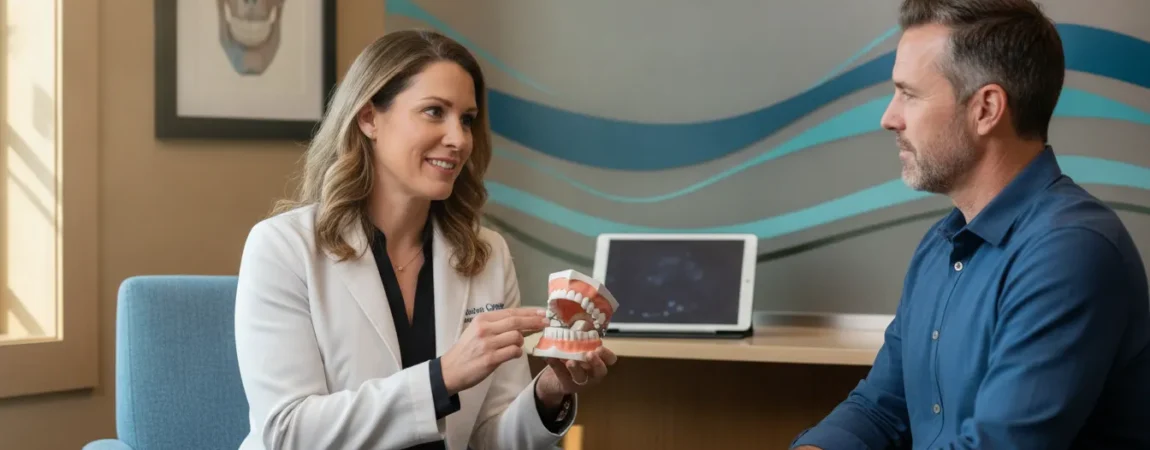 Dental sleep specialist reviewing a TMJ treatment and management plan with an adult patient