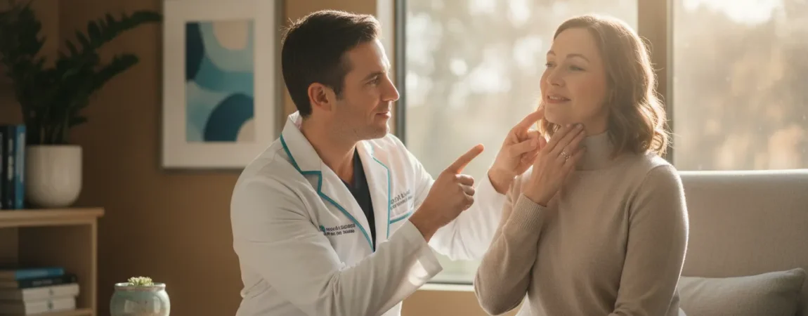 Dental sleep medicine specialist discussing TMJ headaches and facial pain with an adult patient