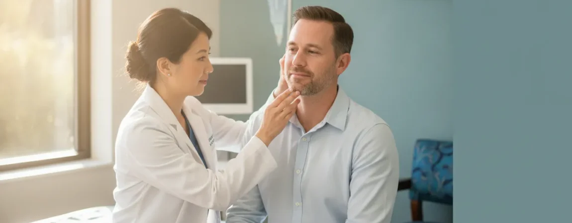 Dental sleep specialist examining an adult patient's jaw during a TMJ consultation