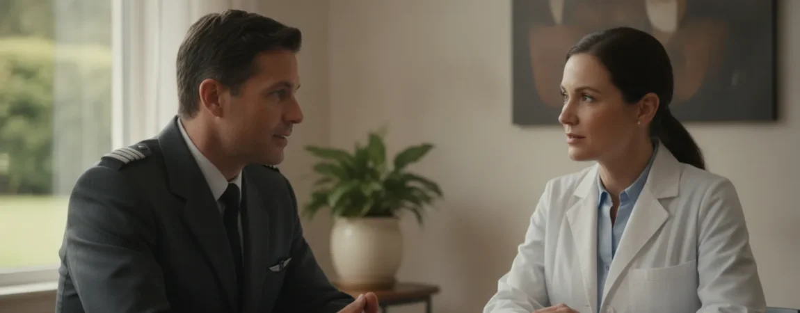 A pilot speaking with a physician in a quiet consultation room