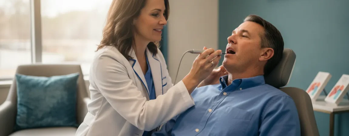 Dental sleep specialist conducting a noninvasive airway assessment