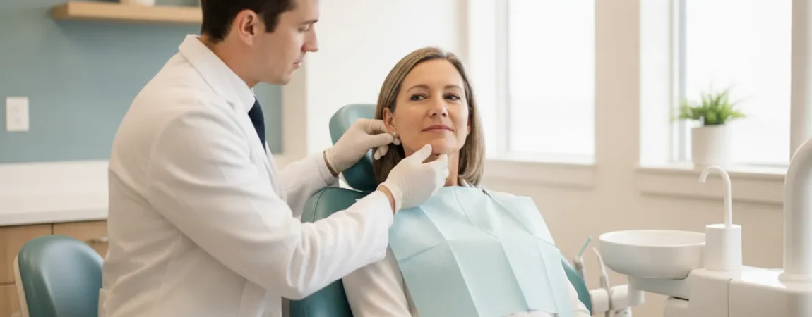 Clinician gently examining a patient's jaw during a TMJ evaluation
