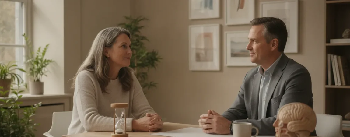 A patient speaking with a clinician about sleep and health concerns in a calm medical office