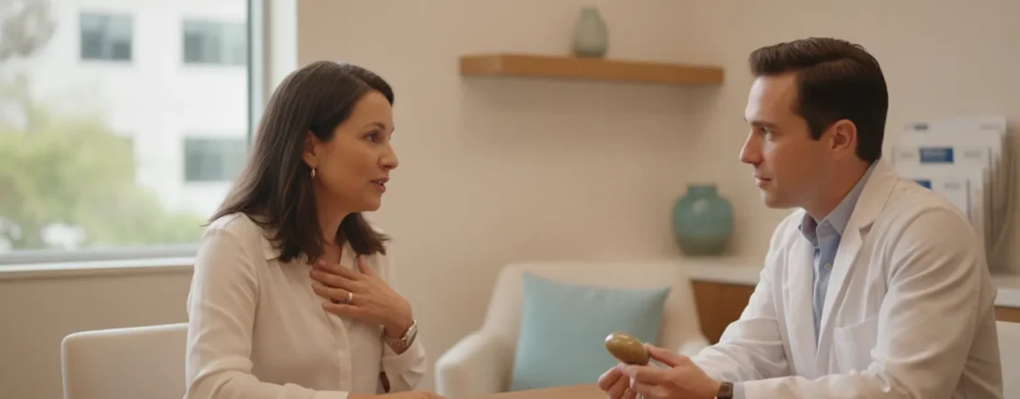 Patient discussing sleep and breathing concerns with a clinician in a calm office