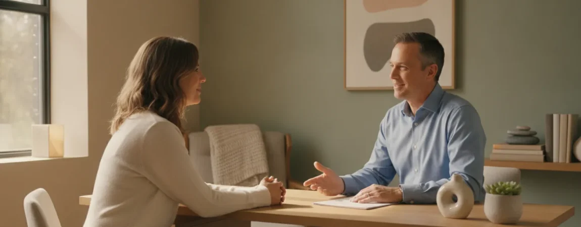 Sleep specialist discussing a patient's sleep concerns during a calm consultation
