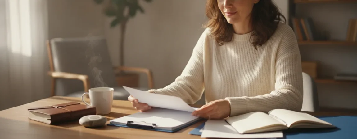 Patient reviewing sleep and medical records at a desk