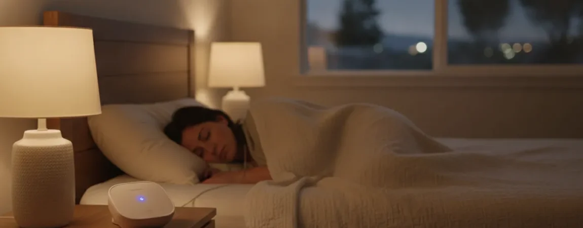 A person sleeps in a quiet bedroom while a small home sleep monitor rests on the nightstand