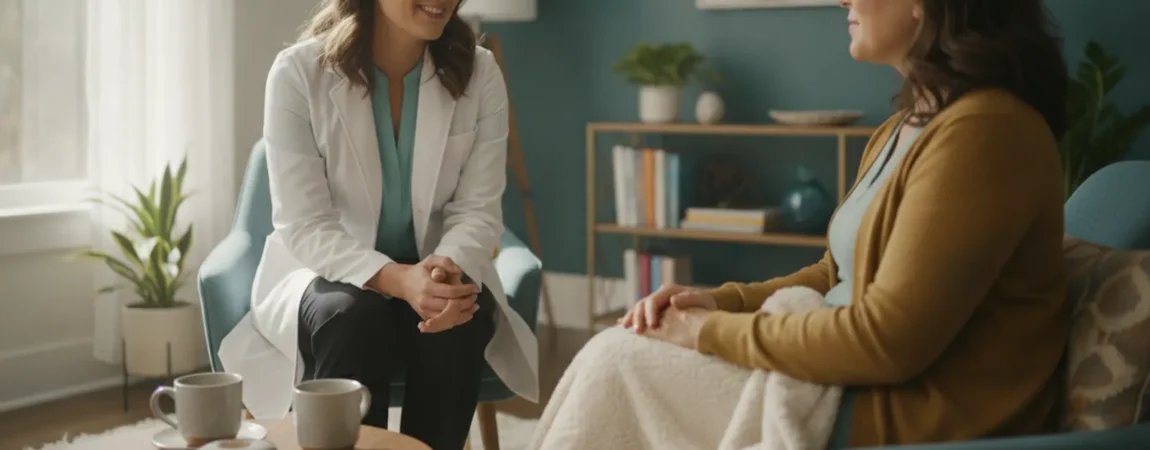 Adult discussing sleep and health concerns with a clinician in a calm office